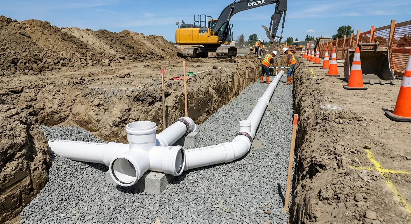 New PVC sewer pipe installation in open trench for Sewer Backup in Battle Creek