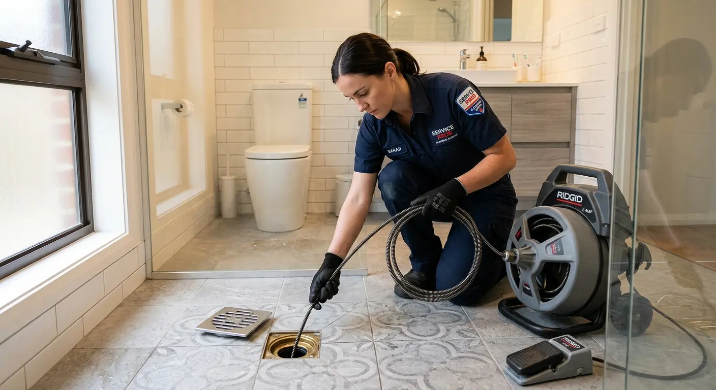 Technician clearing a bathroom floor drain for Sewer Line Replacement in Battle Creek